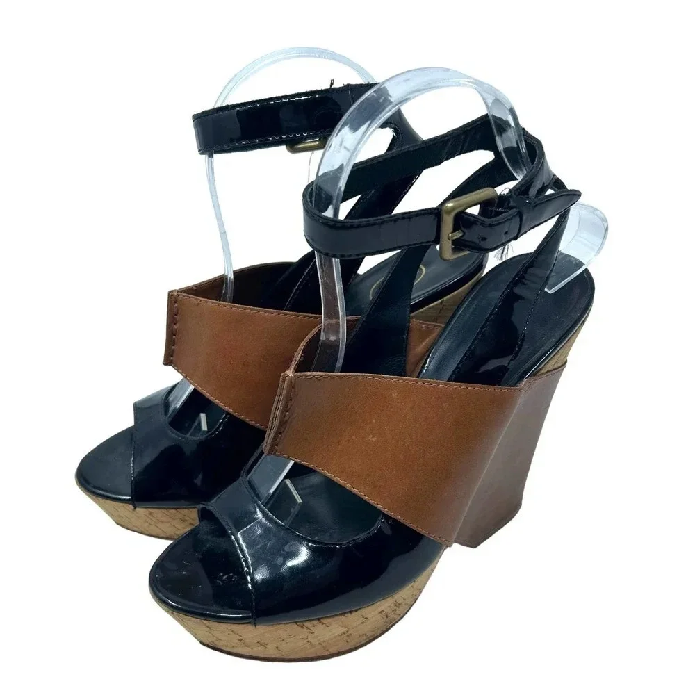 ASH Roma Platform Wedge Heel Sandals Black‎ Patent Cognac Leather Size 38 US 7